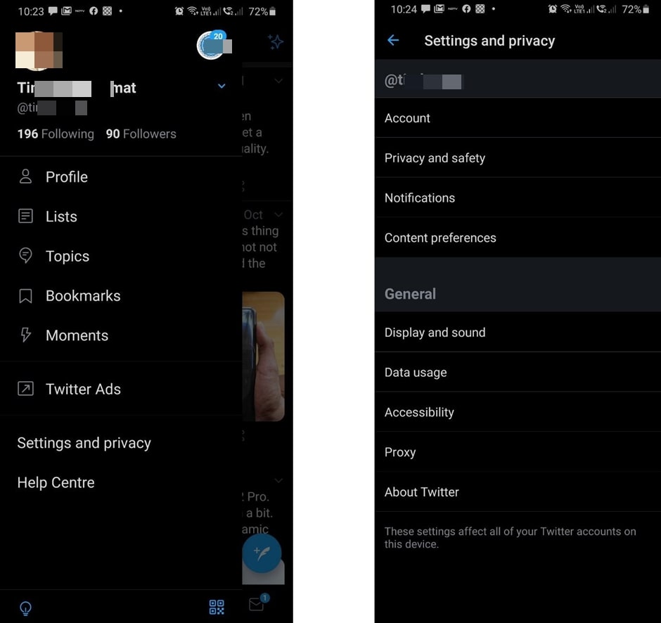 Settings and privacy in Twitter to change handle