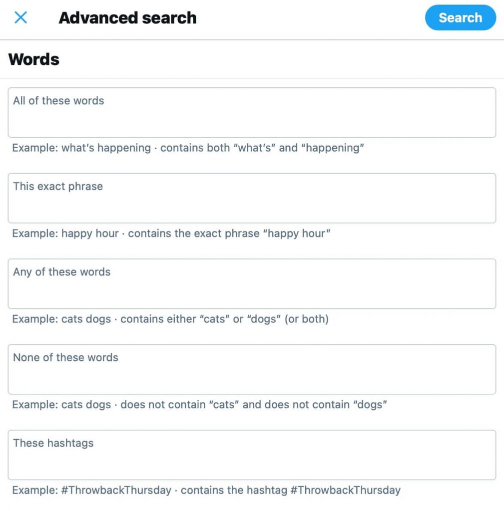 Twitter Advanced Search fields