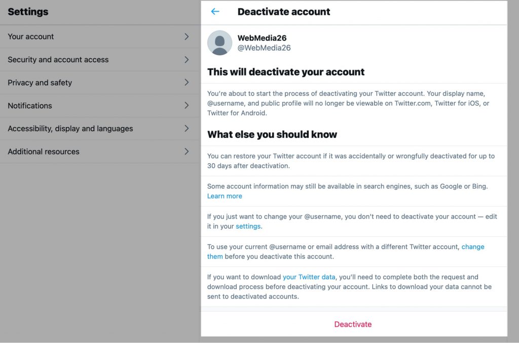 Twitter account deactivate